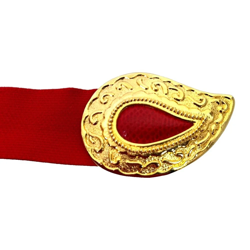 Vintage 1991 Red Stretch Waist L Belt Huge Gold Ornate Paisley Statement Buckle
